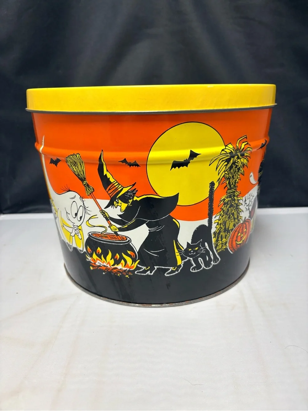 VTG Halloween Metal Tin Storage Litho Bucket Witch Ghost Skeleton Creepy Cool